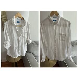 Toscano White Linen Shirt Mens L Button Up Long Roll Tab Sleeve Resort Wear